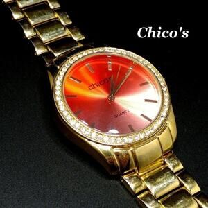 Chico's Red Fade Face Watch Rhinestones Gold Tone Link Style, 7 1/2 Inches